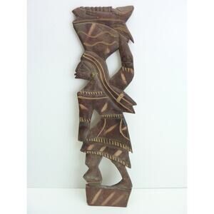 Vintage African Flat Wood Carving Woman with Basket